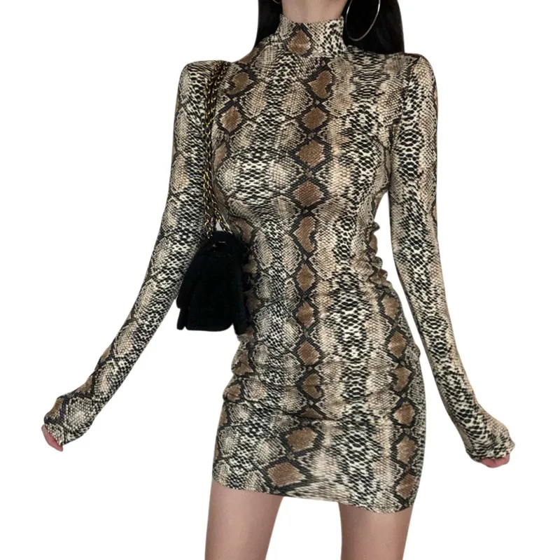 Snake Print Club Party Sexy Dresses For Women  Turtleneck Bodycon DressLong Sleeve  Plus Size Vestidos Robe Femme