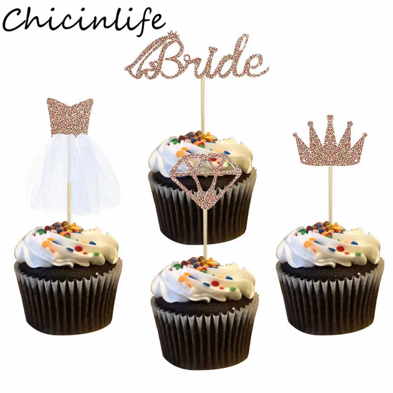 Chicinlife 8Pcs Bride Crown Diamond Ring Wedding Dress Cupcake Toppers Bachelorette Party Bridal Shower Cake Accessory Supplies