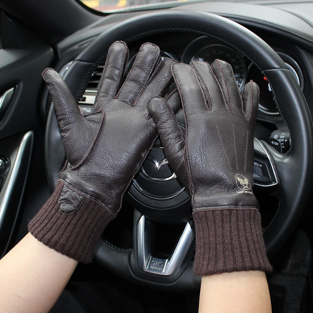 New style touch screen men\'s deerskin gloves high-quality genuine leather with fleece lining driving pilot gloves