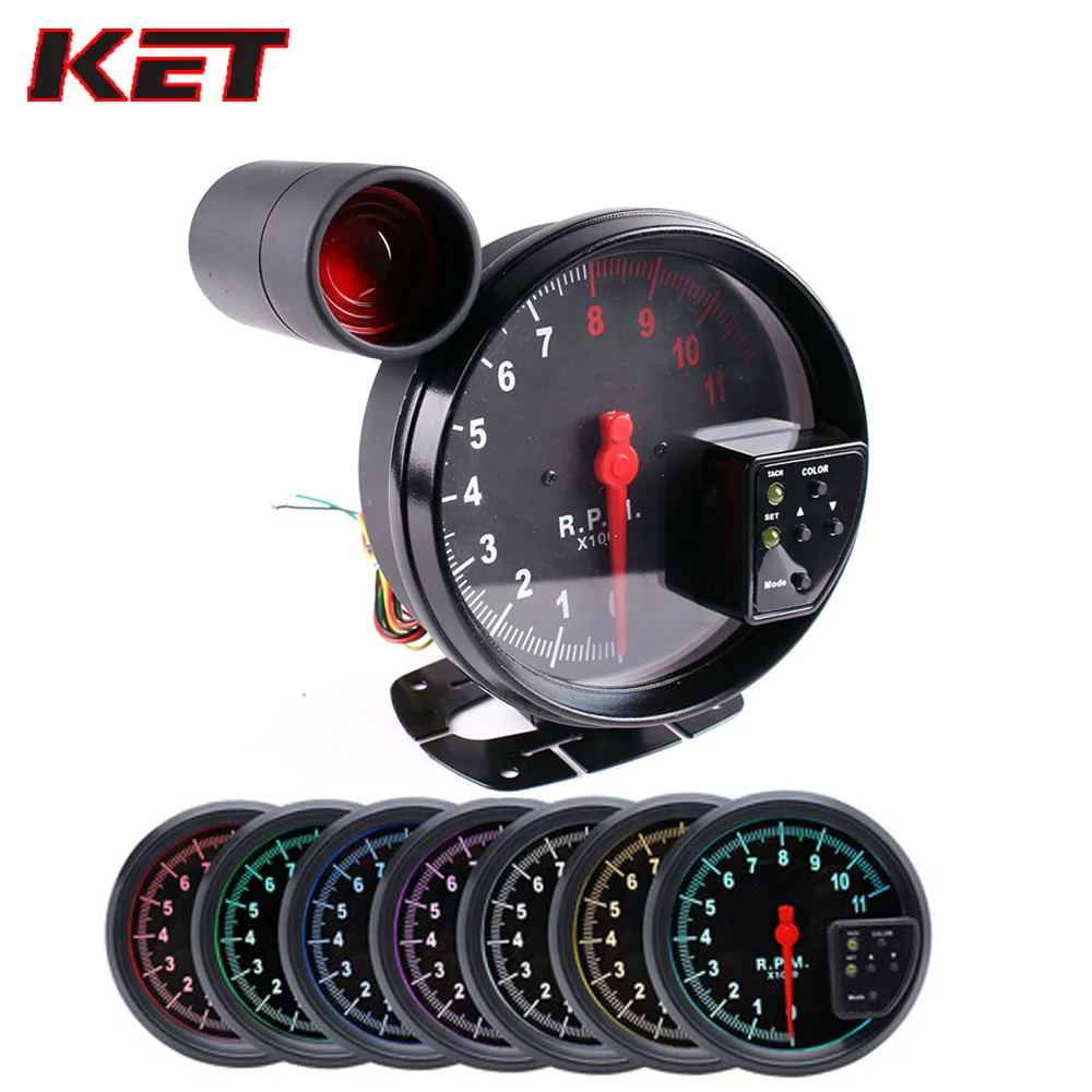 KET 5 Inch Car RPM 11000K Tachometer Gauge digital  7Color Backlight LED Shift Light rpm meter for 1-10 cylinder engine vehicles