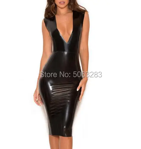 

Black Women Summer Latex Dress For Slim Fetish Rubber Deep V Vestidos