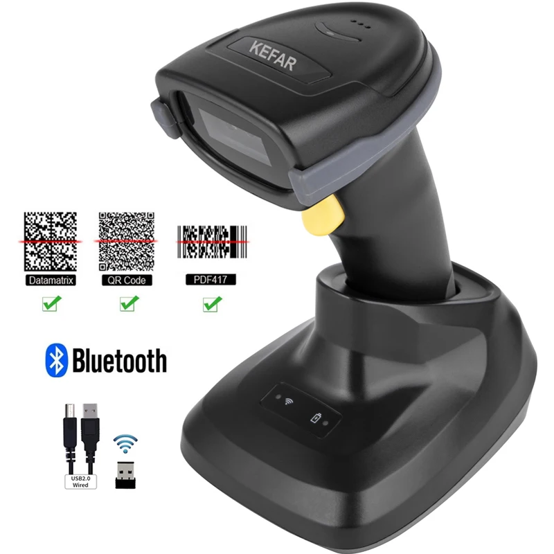 A6D Bluetooth 1D/2D barkod okuyucu ve QR PDF417 2.4G kablosuz/kablolu el barkod tarayıcı şarj tabanı ödeme için lojistik