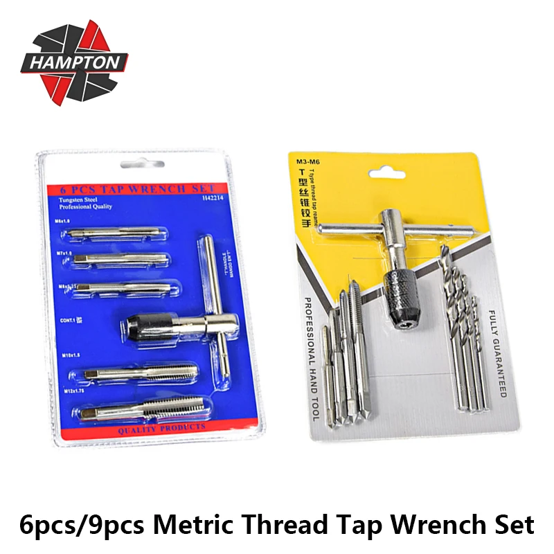 Hampton 6pcs/9pcs Metric Thread Tap Wrench Set Adjustable T Handle Tap Wrench M3-M12 Screw Tap Drill Bits T Type Tap Reamer