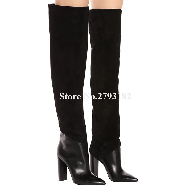 

Elegant Women Pointed Toe Suede Leather Patchwork Chunky Heel Over Knee Boots Black Slim Long Thick Heel Boots Big Size Heels