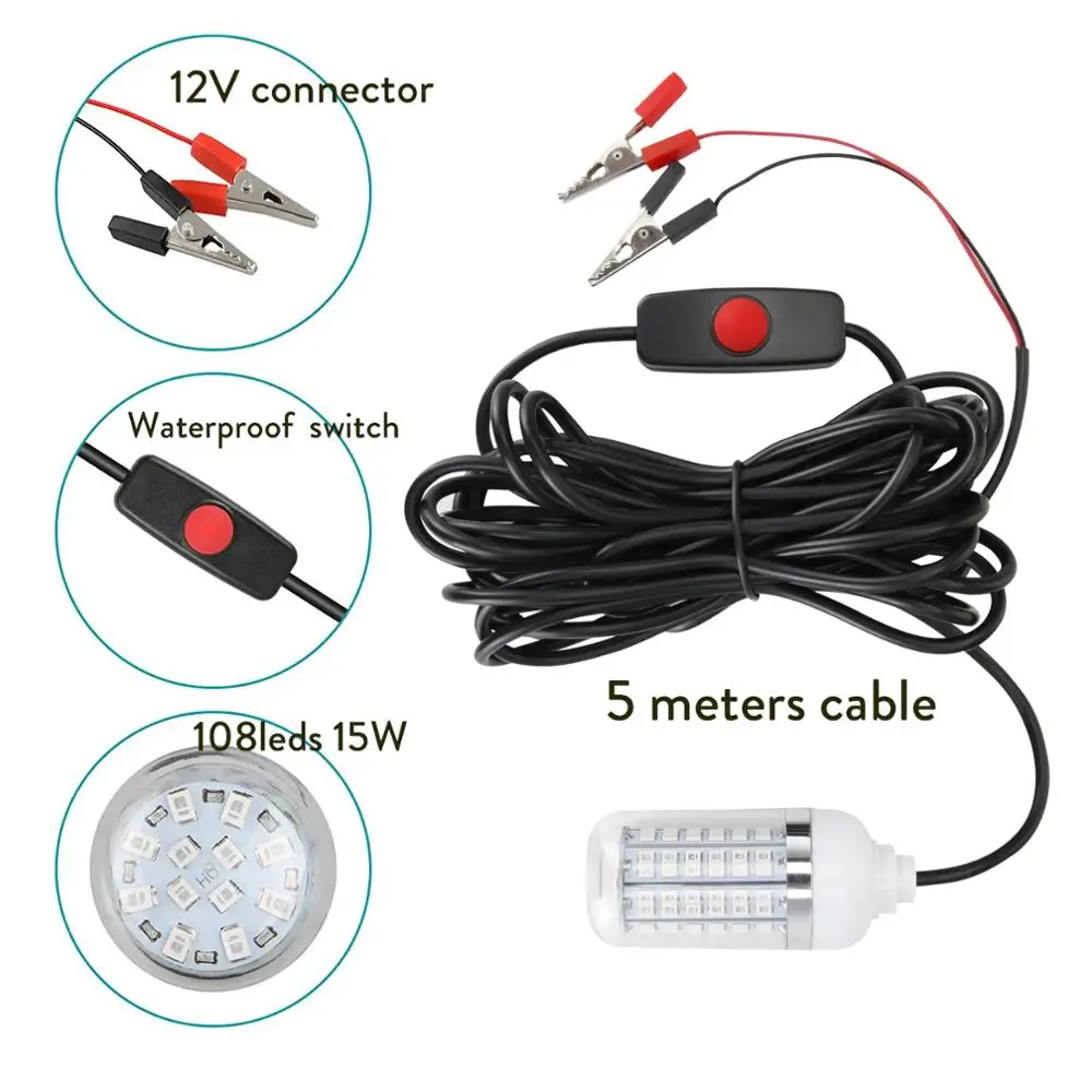 Lâmpada de luz subaquática com 126leds, 12v, à prova d'água, ip65, submersível, luz noturna, de barco, pesca ao ar livre, iluminação branca, verde e azul