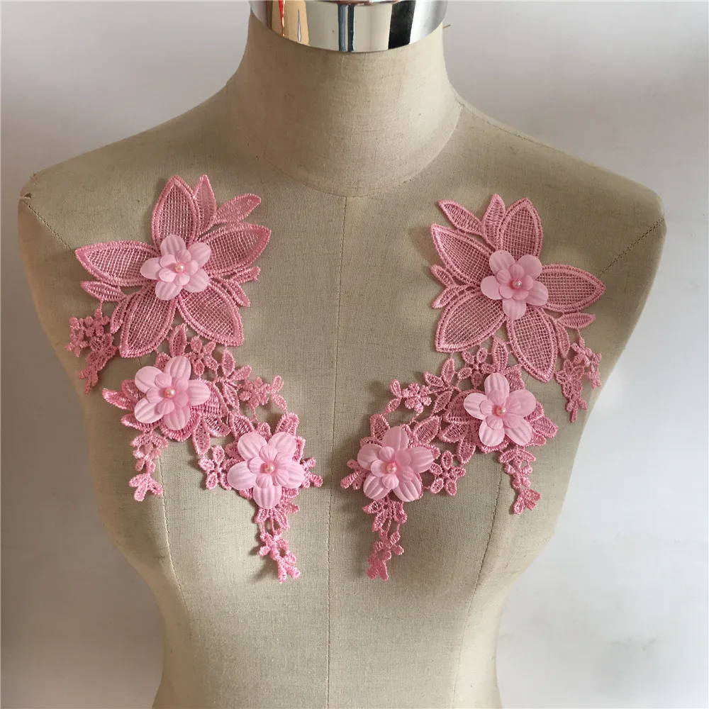 New style pink Floral Applique pearl Decorated DIY Lace Collar Fabric Sewing Applique Supplies a pair for sale YL556