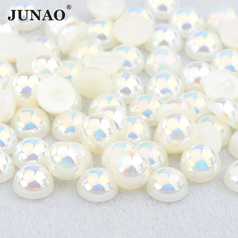 JUNAO 4 6 8 10 12mm White AB Flatback Pearls Rhinestone Imitation Half Round Pearl Non Hot Fix Crystal Sticker DIY Crafts Strass