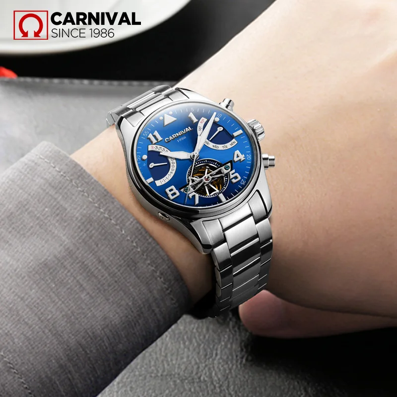 Fashion Tourbillon Mechanical Watch CARNIVAL New Automatic Watch for Men Sapphire Waterproof Calendar Luminous Relogio Masculino