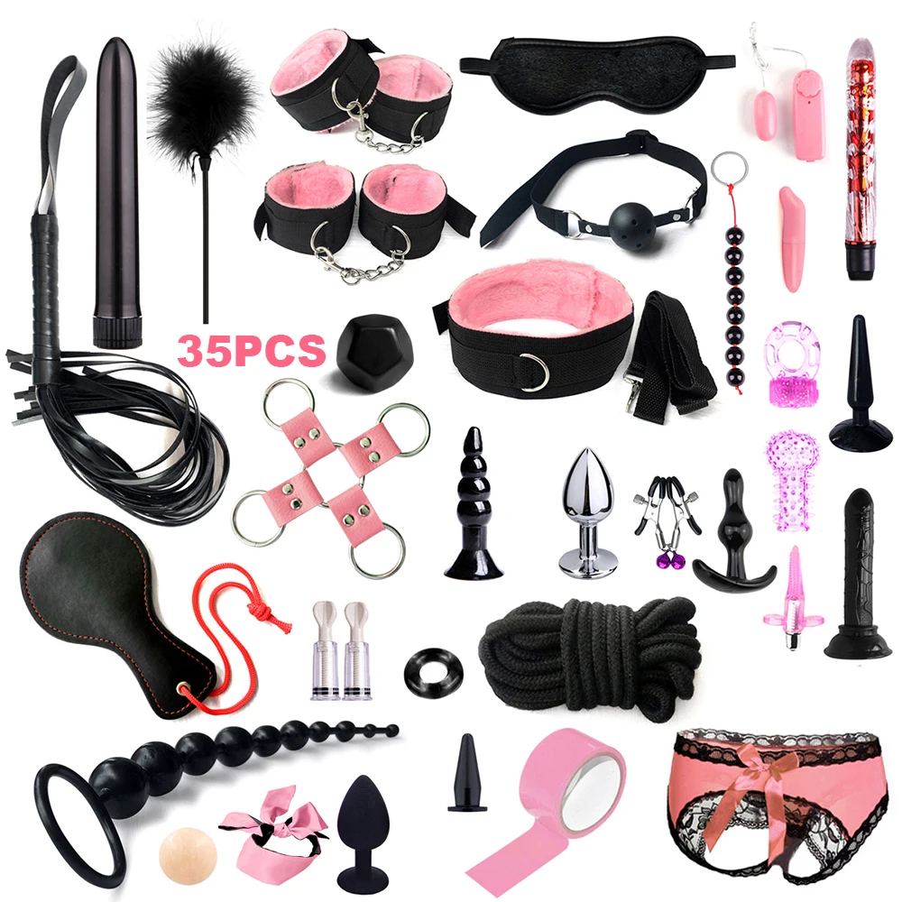 12/17/35 Pcs Adult SM Sex Products Women Sex toys Bdsm Sex Bondage Set Handcuffs Whip Anal plug Vibrator Dildo sextoy Sex Shop