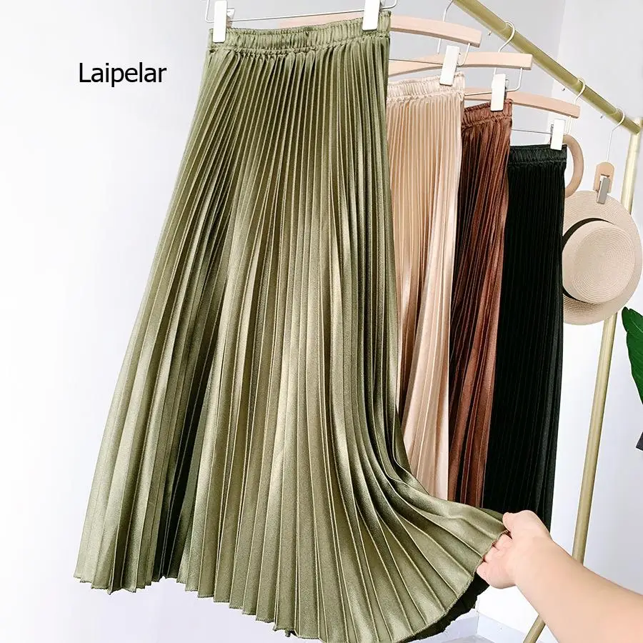 

Black Satin Midi Skirt Summer Women Fashion Elastic High Waist Metallic Pleated Skirt Lady Vintage Loose A Line Long Skirts