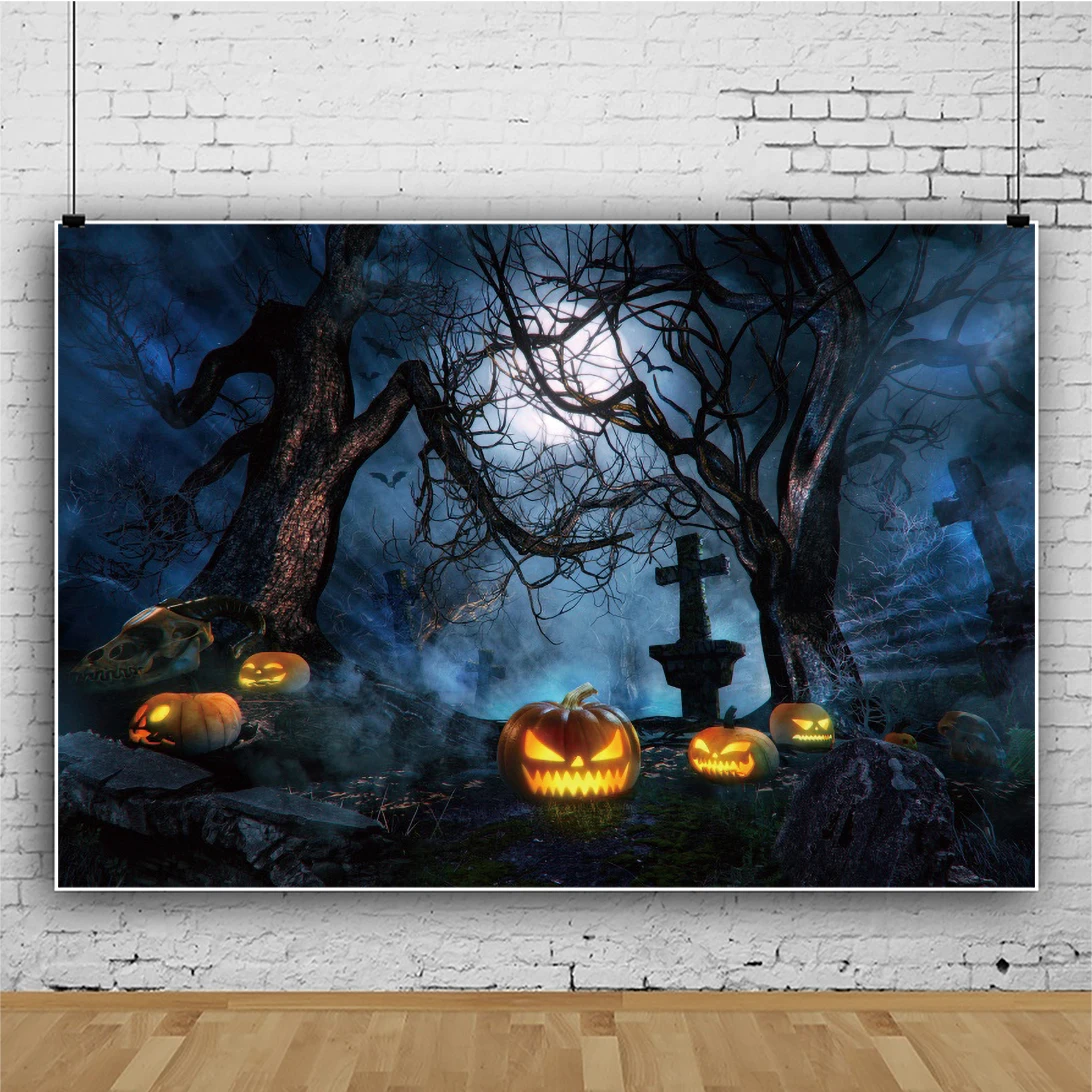 Laeacco Pumpkin Lantern Horrible Dark Night Forest Moon Banner Halloween Festival Poster Photographic Background Photo Backdrops