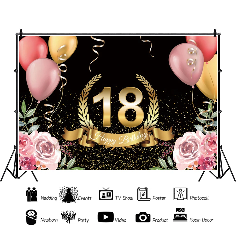 Laeacco Happy 18 21 30 40 50 Birthday Photography Backdrops Pink Flowers Balloons Glitters Wheat Custom Photo Background Posters