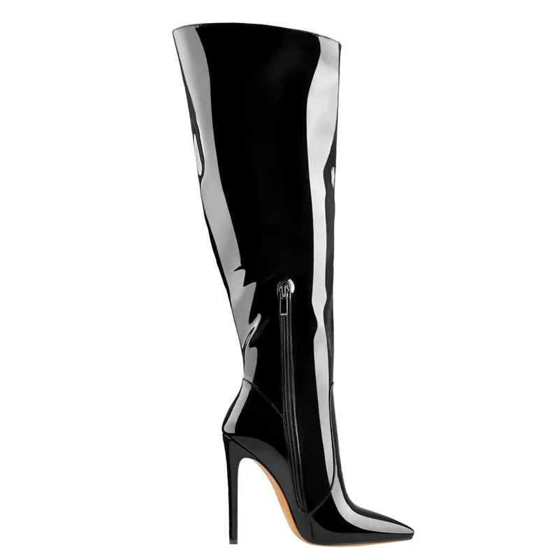 Onlymaker Women Side Zip Knee Boots Pointed Toe Black Patent Leather 10CM High Heel Woman Big Size Fashion Boots