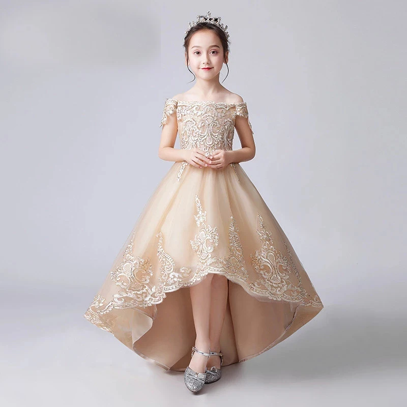 

Flower Girl Dresses Boat Neck Off The Shoulder Girls Princess Dresses Champagne Appliques Lace Tulle Girls Evening Dress