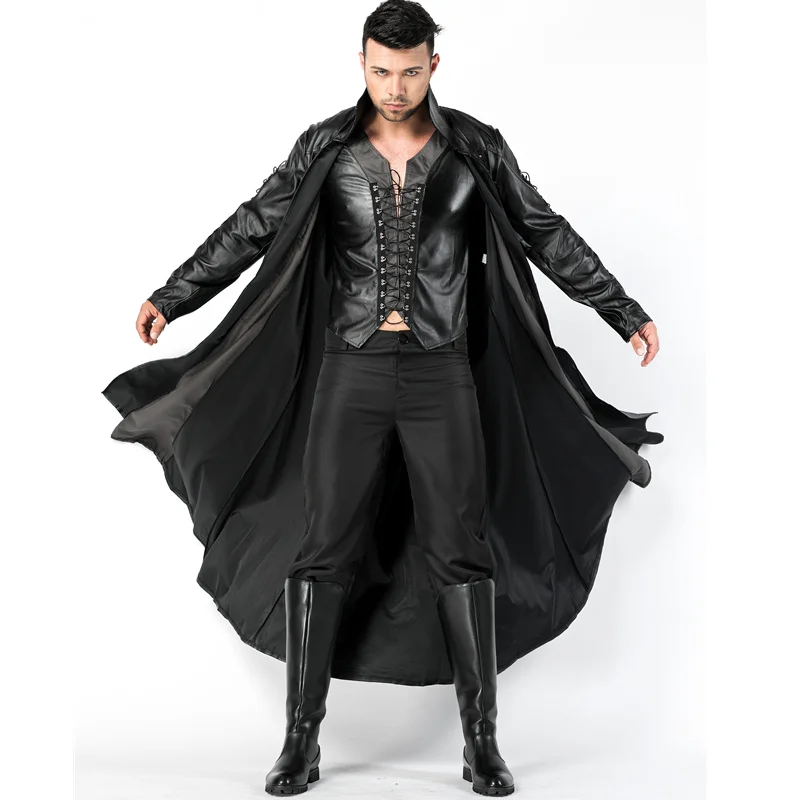 

Halloween Costume for Men Cosplay Outfit Adult Dracula Vampire Costumes Black Faux Leather Mens Gothic Vampire Costumes Jacket