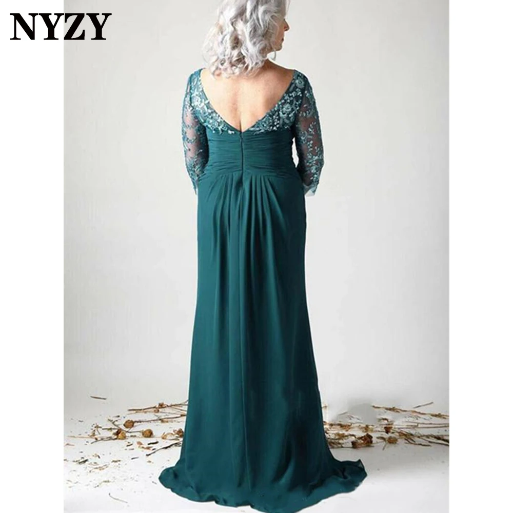 M372 NYZY Elegan Backless 3/4 Lengan Sifon Ibu dari Pengantin Gaun 2021 Teal Gaun Pesta Pernikahan Gaun Malam