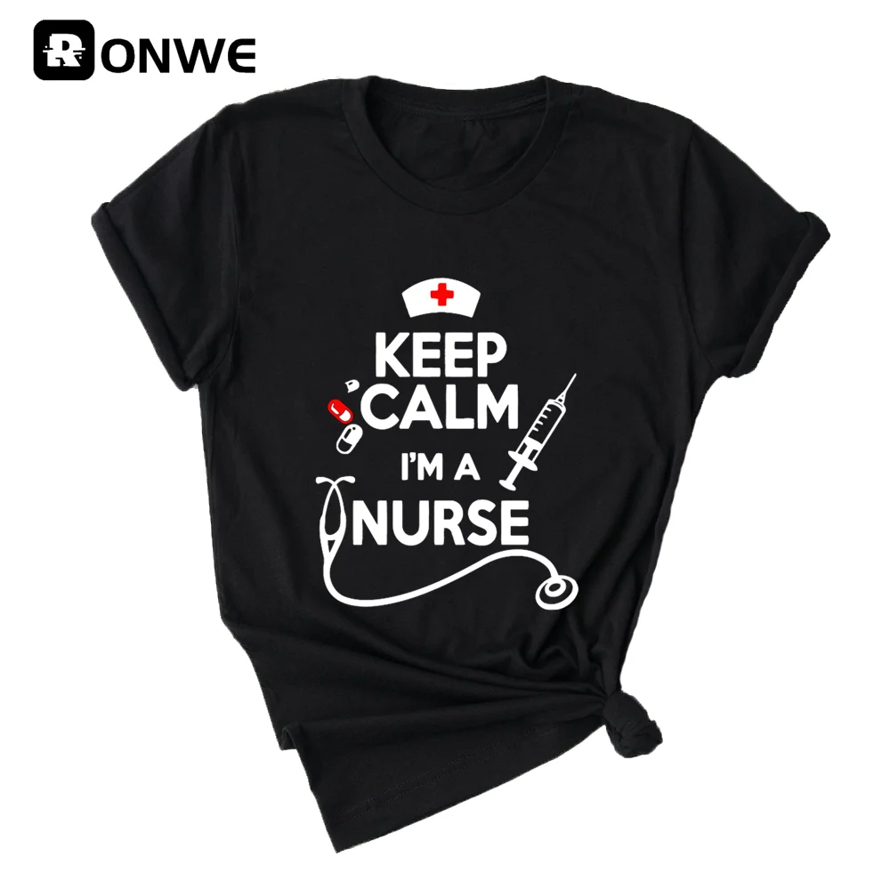Keep Calm Nurse Printed Short Sleeve Black Women T-shirt Girl Vintage Tops Tee Female Harajuku Clothing Streetwear, Drop Ship