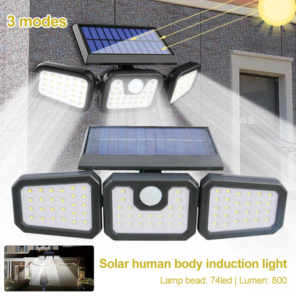 

6500K 70 LEDs Outdoor Solar Lamp Rotatable 3 Heads Adjustable IP65 Waterproof 180° PIR Sensor Solar Flood Wall Security Light