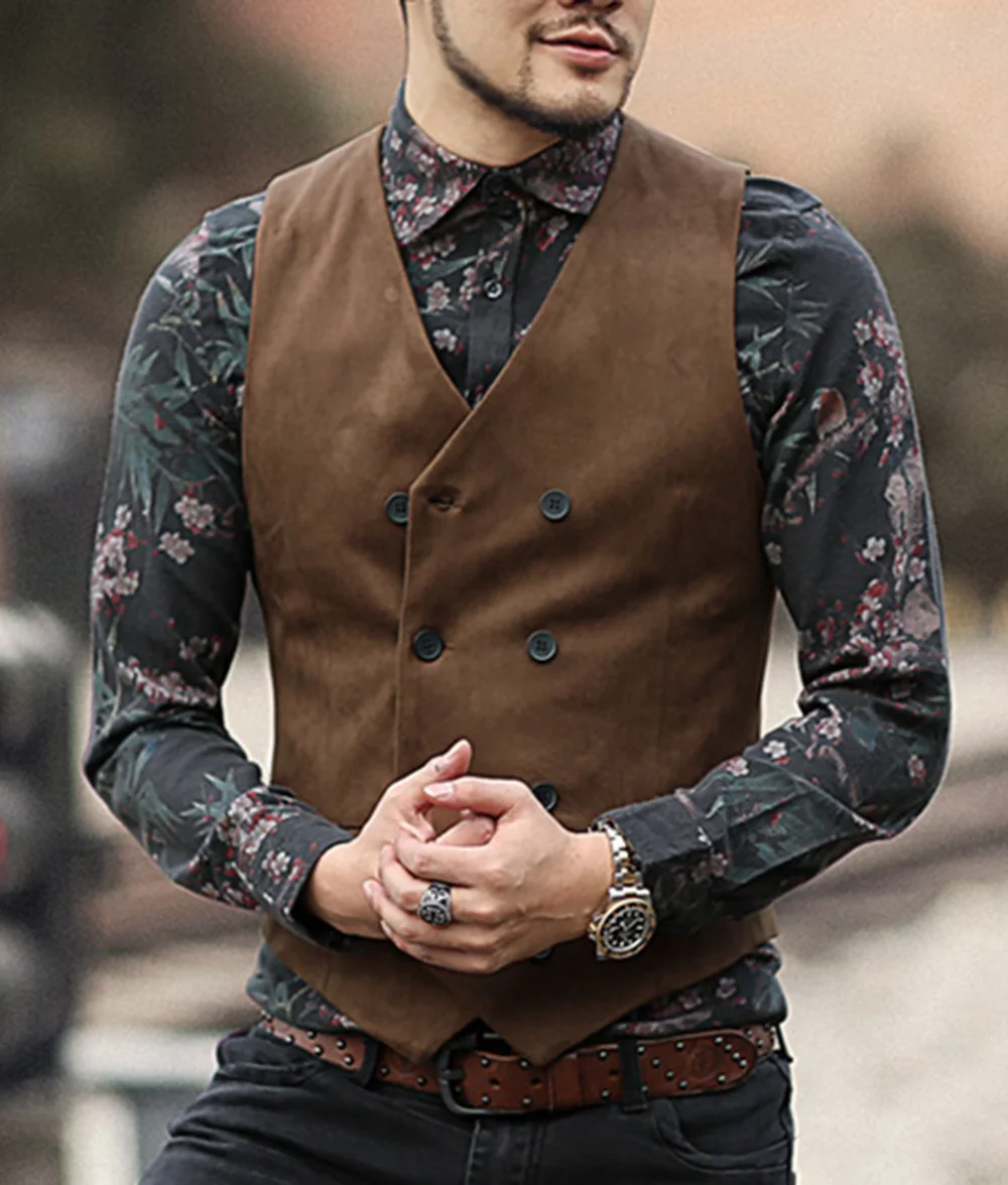 Formal Mens Suit Vest V Neck Wool Brown Black Double-breasted Slim Fit Waistcoat Casual Business Groomman For Wedding Vest