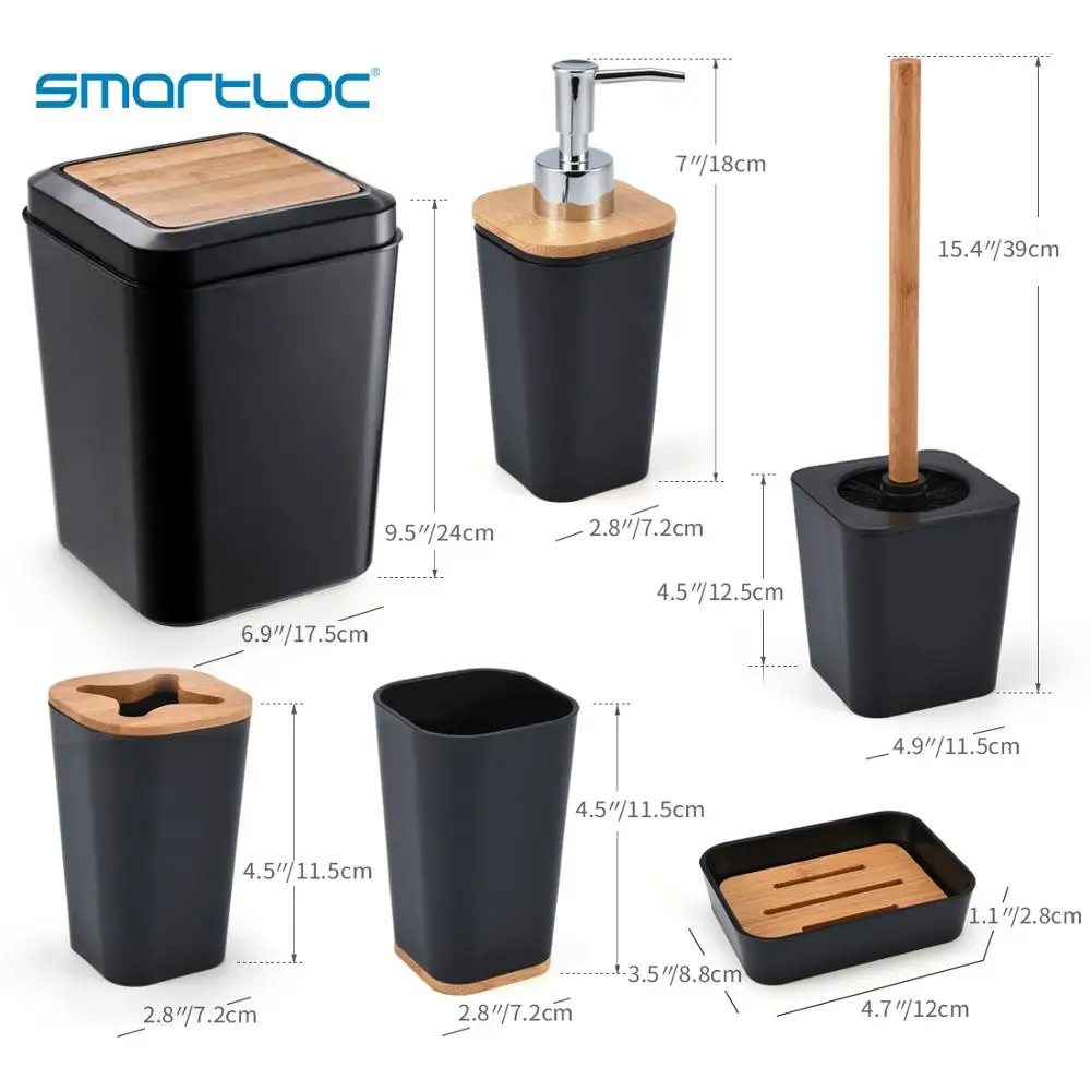 Set of 6 Smartloc Plastic Bathroom Accessories Toothbrush Holder Toothpaste Dispenser Case Soap Box Shower Storage Black