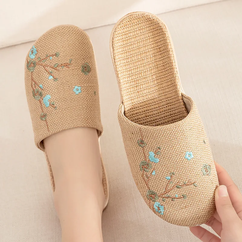 Glglgege 2021 Flax slippers for female summer lovers at home embroidered cotton and linen floor sandals with soft soles