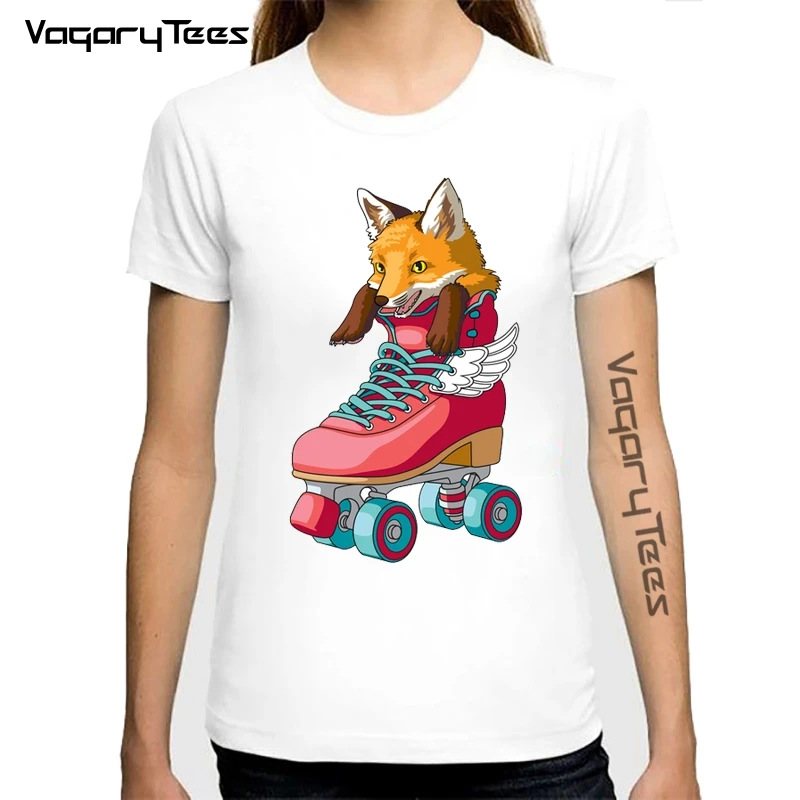 Summer Fashion Women T Shirt Cute Smiling Fox Just Skate Print Tshirt Mini Cartoon Casual Tops Cute Girl Tees White Short Sleeve