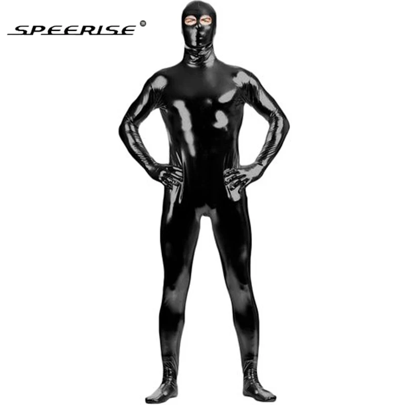 Volwassen Ogen Open Zwart Zentai Zwart Glanzend Metallic Catsuit Kostuum Spandex Zentai Unieke Full Body Pak