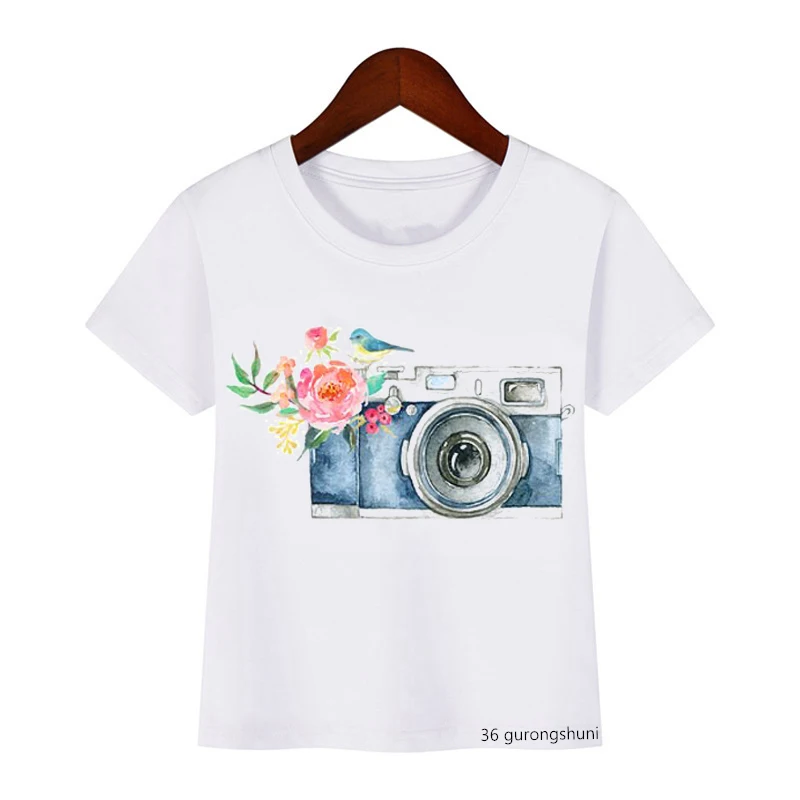 Vintage Watercolor Camera Print T-shirt Funny Kids Clothes Boys Girls Girls Kawaii Children Clothes White Short Sleeve T Shirt