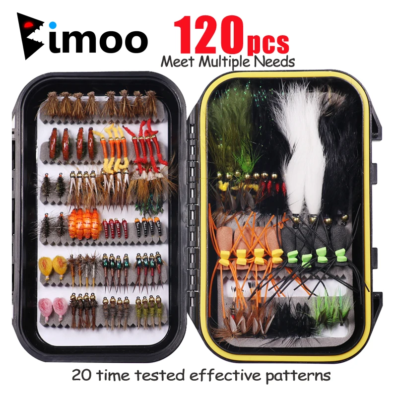 Bimoo 120pcs Wet Dry Nymph Fishing Fly Kit Woolly Buggers Streamers Emerger Worms Bass Trout Grayling Panfish Fishing Lure Bait