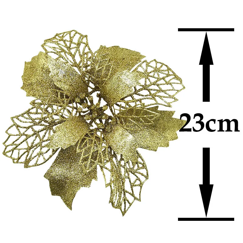 (3pcs) 23cm Increase Size Glitter Artificial Christmas Tree Flower Decorations Xmas Ornaments New Year Gift Wedding Decoration