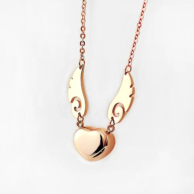 Heart Pendant Angel Wings Necklace Stainless Steel Guardian Angel Feather Clavicle Necklace Women Girl Jewelry Gold Silver Color