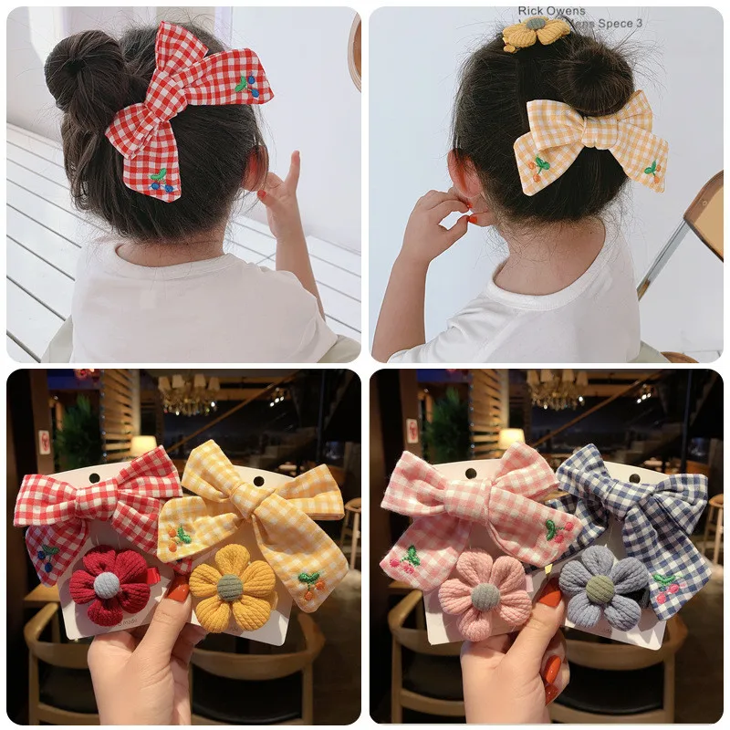 2Pcs Lovely Flowers Hair Pins Ponytail Cute Bow and Flower Hair Clip Fashion Girls Kids Hair Holder Hair Accessories