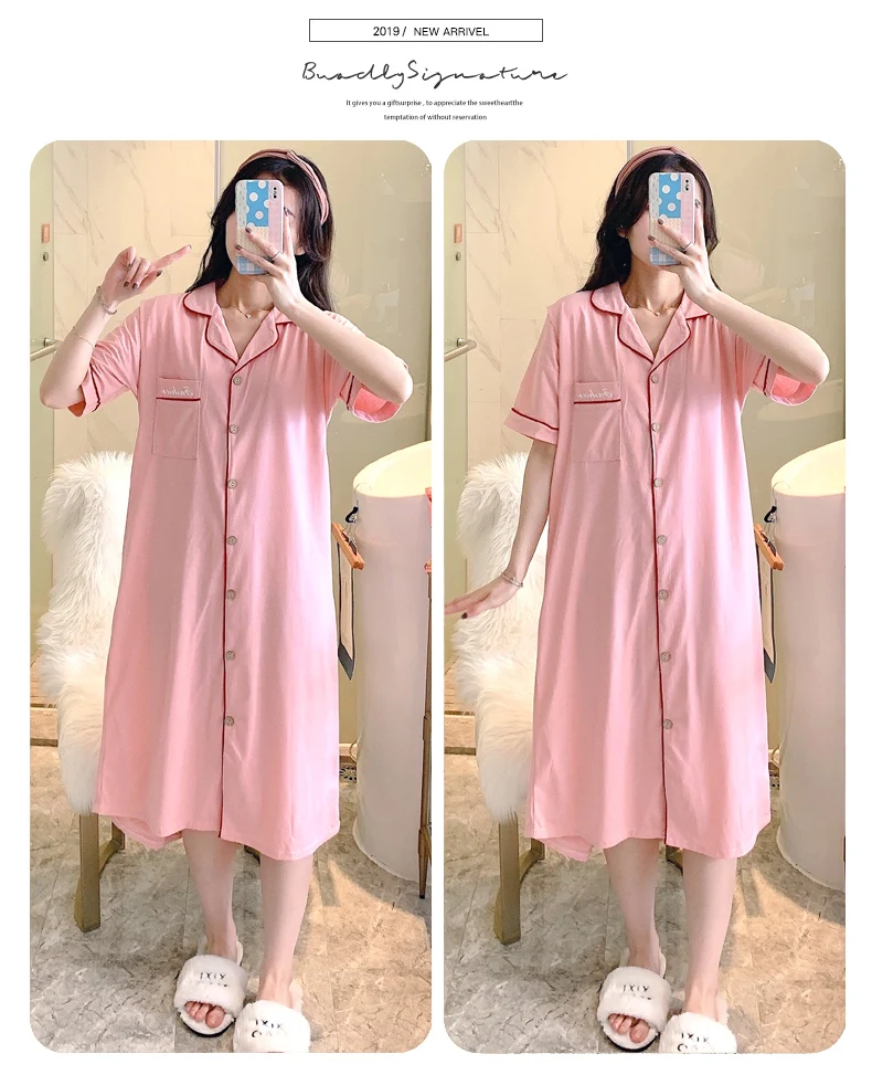 Summer maternity cotton nightgown postpartum woman lactation cardigan pajamas short-sleeved turn-down collar breastfeeding dress