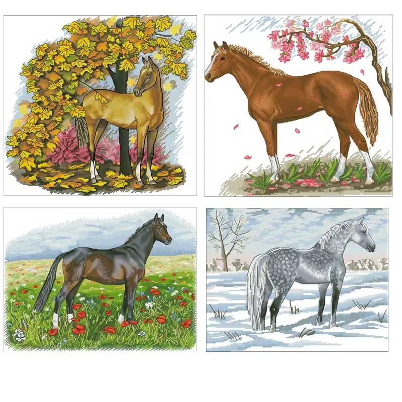 Four Seasons Horse animals patterns Counted Cross Stitch 11CT 14CT 18CT DIY Chinese Cross Stitch Kits Embroidery Needlework Sets