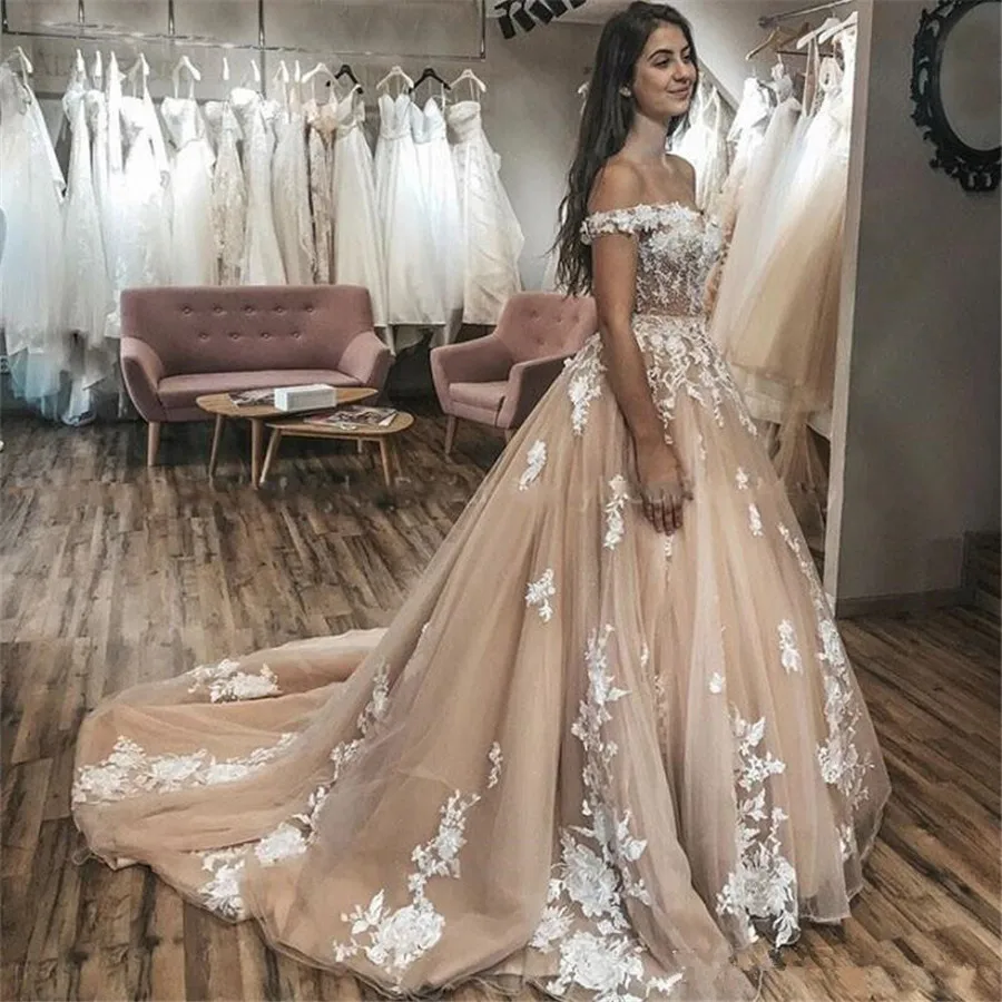 

Free Customized Wedding Dresses Ivory Appliques Off Shoulder robe mariage Illusion Bodice vestido de novia Chapel Train