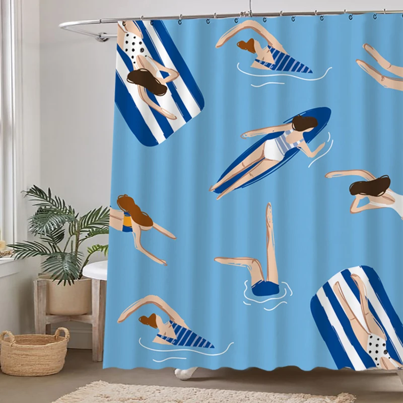 Swimming Theme Shower Curtain Cartoon Printing Partition Hanging Water Resistance Fabric for Bath Home Bathroom Decor