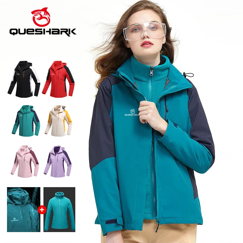 Queshark 3 in 1 Set Women Removable Fleece Jacket Waterproof Windproof Windbreaker Hiking Trekking Camping Cycling Coat