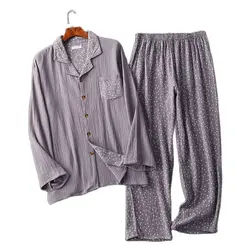 Autumn Mens Crepe Gauze Pajamas Suit Long-sleeved Trousers Home Clothes Plus Size Men Sleepwear Long Shirt Nightwear 2 Piece Set