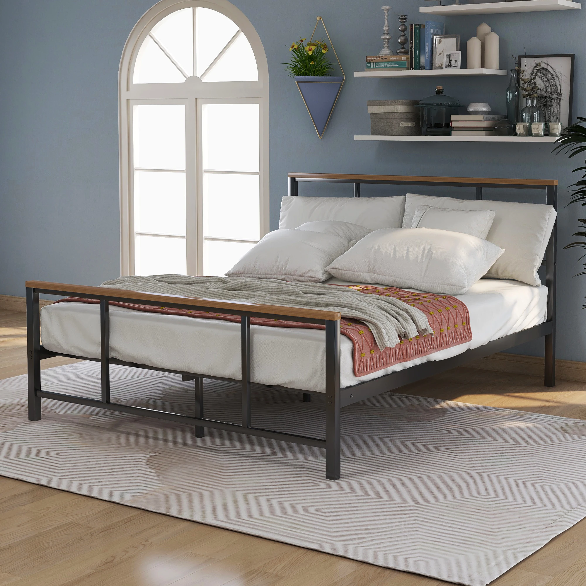 Three Sizes Metal bed with Wood Decoration  Bedroom Furniture US Warehouse In Stock