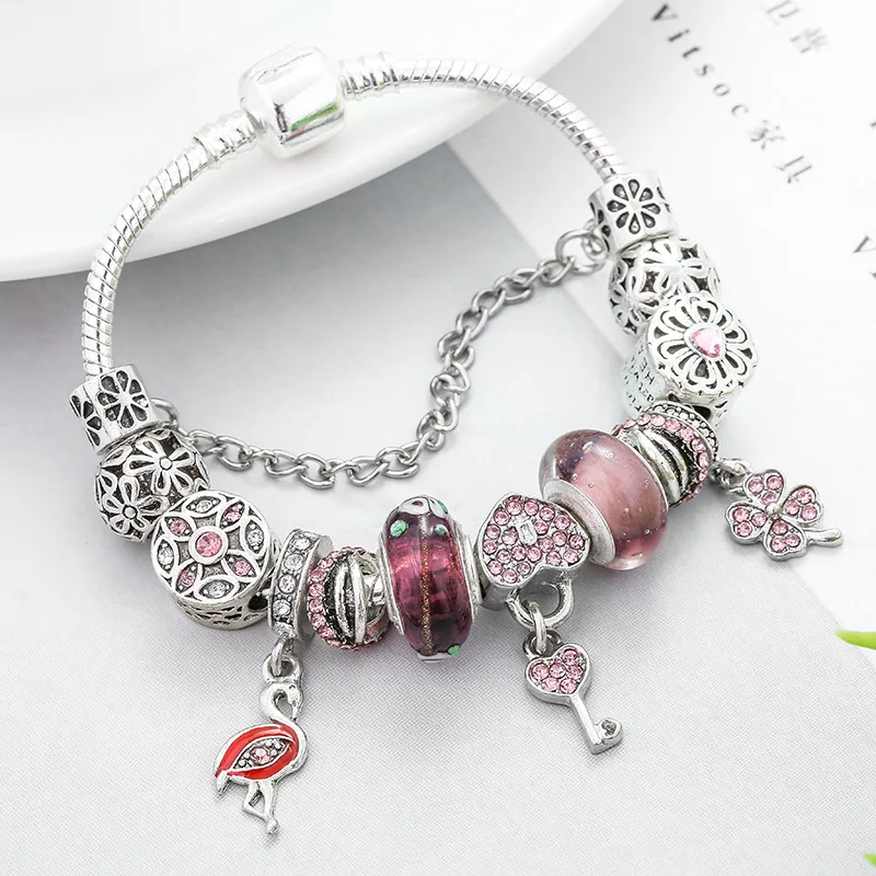 Inlaid zircon drip oil enamel beads Pandora charm bracelet female swan lucky clover pendant jewelry European and American style