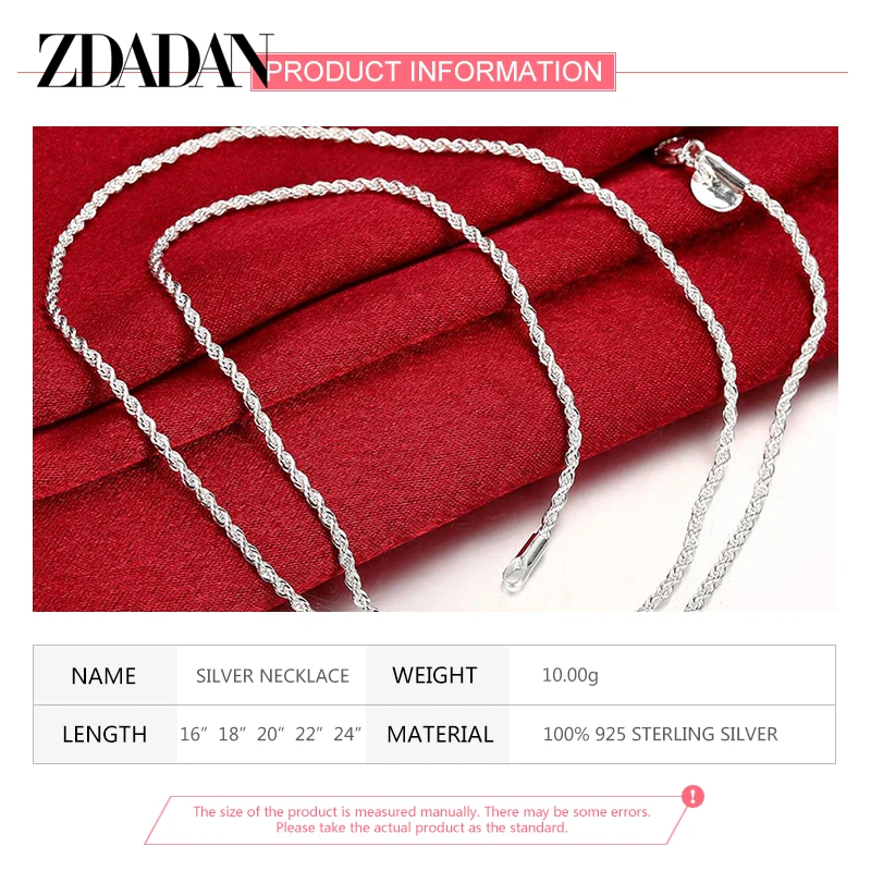 ZDADAN 925 Sterling Silver 2MM Twist Necklace For Women Fashion Party Jewelry Gift