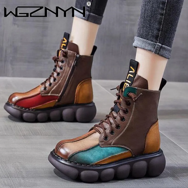 Motorcycle Women\'s Boots Autumn Winter Soft Leather Retro Shoes Black Botas Wedges Female Lace Up Platforms Women Botas Mujer