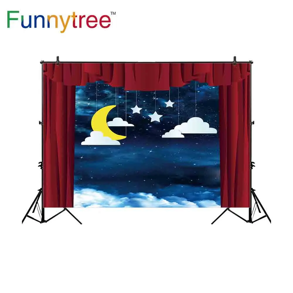 Funnytree Photography Backdrops Red Curtain Little Star Stage Night Sky Decoration Moon Cloud Newborn Backdrops Photography