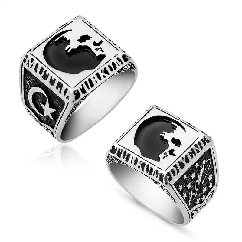 Silver How Happy is the One Who Says I'm a Turk Ataturk Silhouette Men Ring - 925 Sterling Men's Jewelry Wedding Birthday Gift - Box - Man - Fashion - Botiva - Size - Turkish - Patterned Embroidered