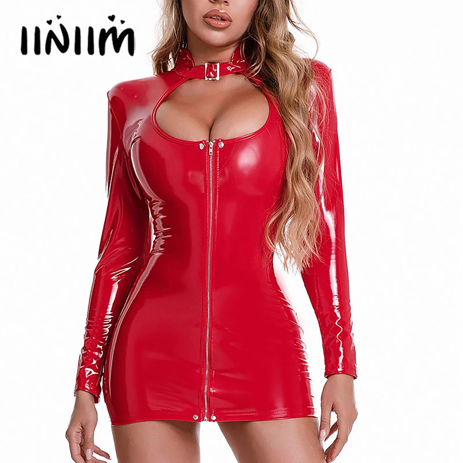 Womens Leather Bodycon Front Zipper Crotch Dresses Wet Look Latex Catsuit Clubwear Long Sleeve Pole Dance Costume Rave Outfit