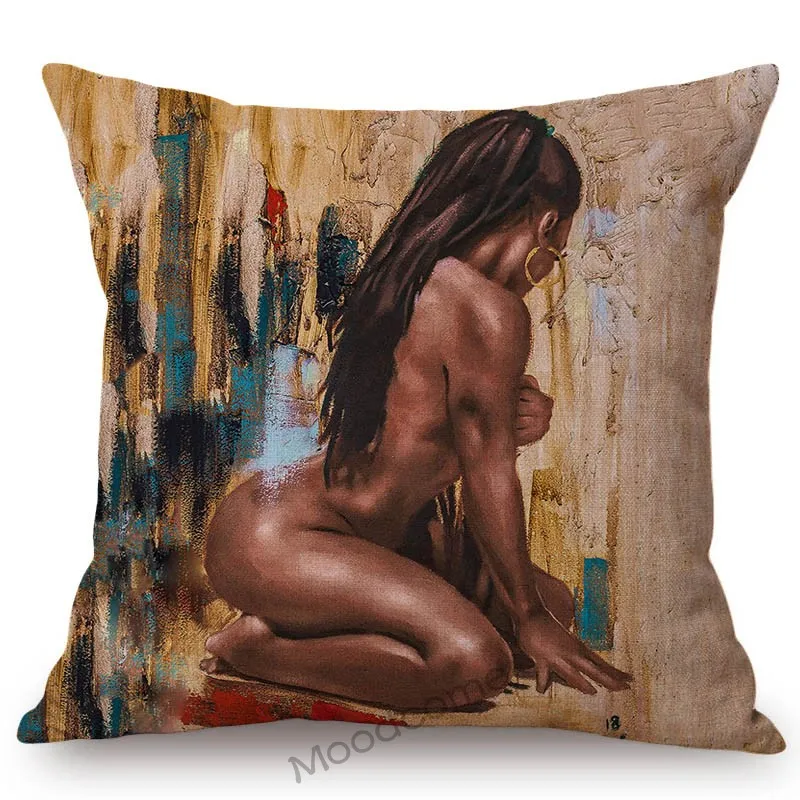 African Anti-Racist Black Woman Letter Poster Vintage Art Sofa Throw Pillow Cover Africa Lady Oil Painting Linen Cushion Cover