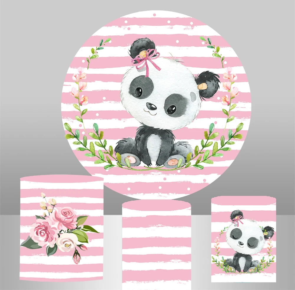 

Pink baby shower Round circle background Cartoon watercolor panda Backdrop stripes girls birthday Party table Cover Photo YY-328