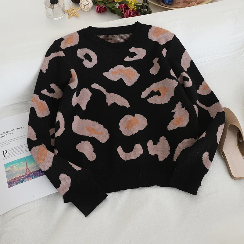 PINK Women Leopard Knitted Sweater Winter Animal Print Thick Long Sleeve O-neck Female Pullovers Casual Tops