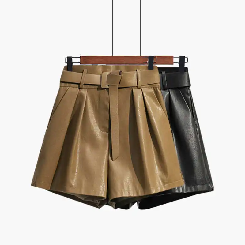 M-4XL Plus Size High Waist Office Shorts For Women Loose PU Leather Shorts Autumn Winter 2021 Casual Black Wide Leg Shorts C7857