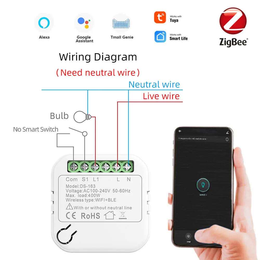 Tuya Wifi Smart Switch 220V 10A Wifi Relay Without Neutral Line Remote Control Work with Alexa for Automation Residential